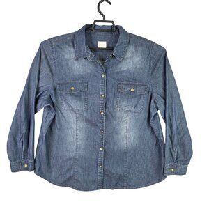 Womens Chico's Blue Denim Shirt Button Down Front Pockets 100% Cotton Size 4.5